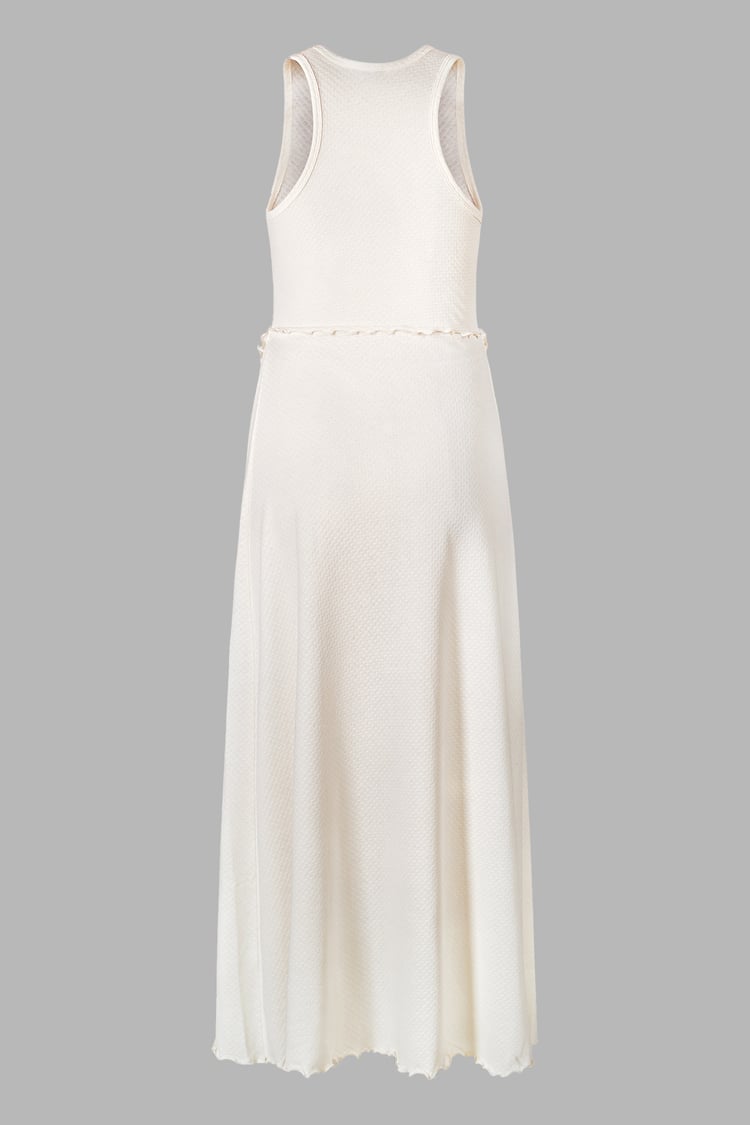 Frills Details-Rounded Neck Sleeveless Jersey Midi Dress