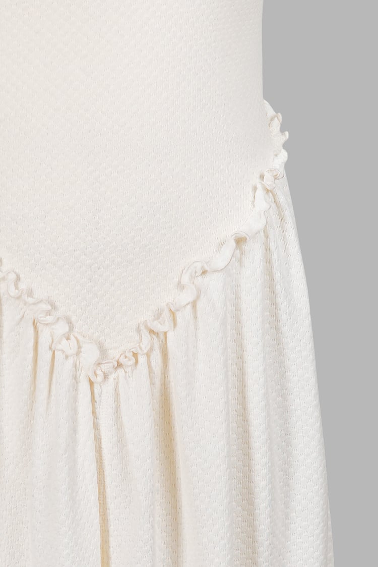 Frills Details-Rounded Neck Sleeveless Jersey Midi Dress