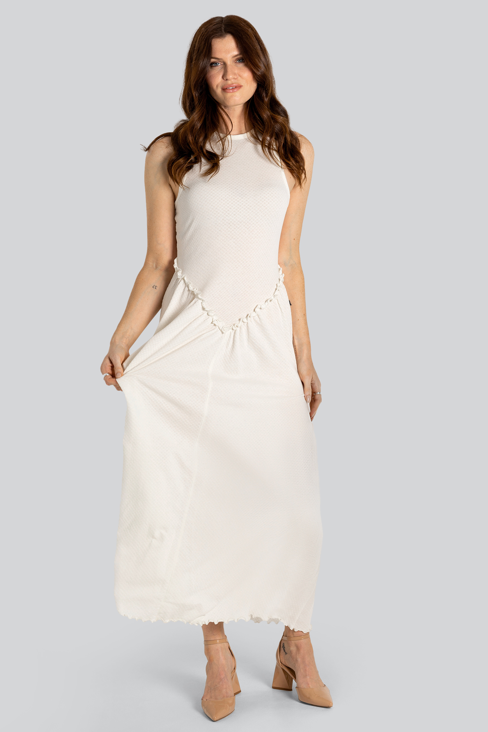 Frills Details-Rounded Neck Sleeveless Jersey Midi Dress