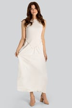 Frills Details-Rounded Neck Sleeveless Jersey Midi Dress