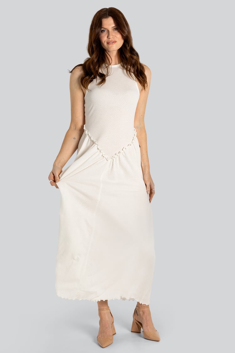 Frills Details-Rounded Neck Sleeveless Jersey Midi Dress