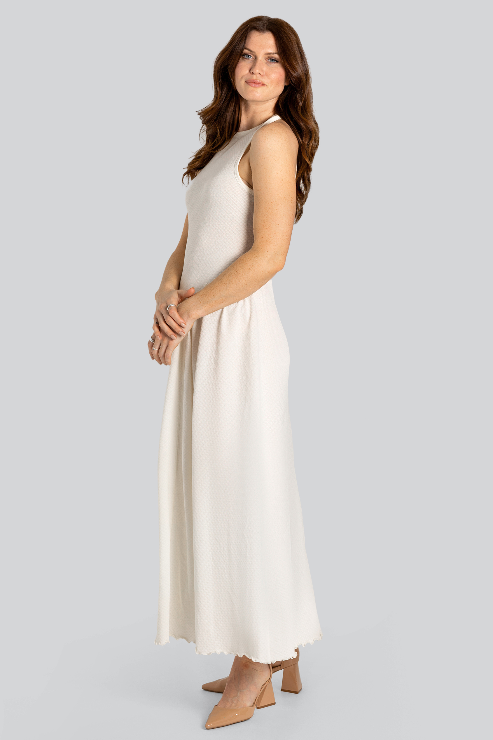 Frills Details-Rounded Neck Sleeveless Jersey Midi Dress