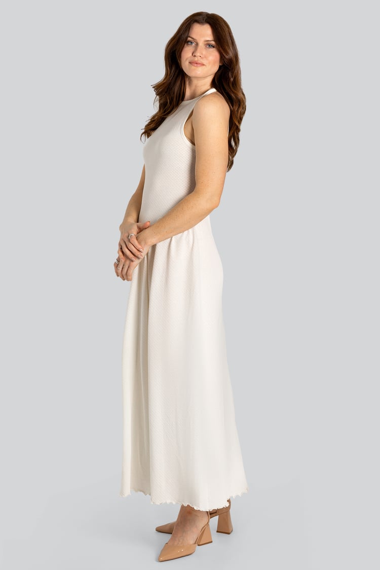 Frills Details-Rounded Neck Sleeveless Jersey Midi Dress