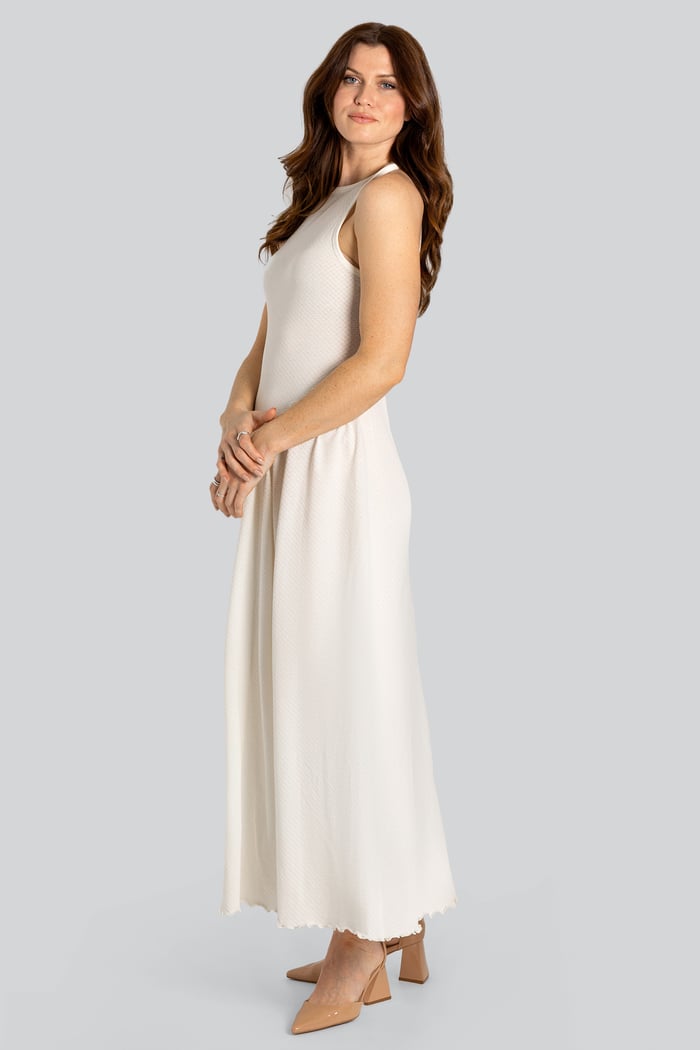 Frills Details-Rounded Neck Sleeveless Jersey Midi Dress