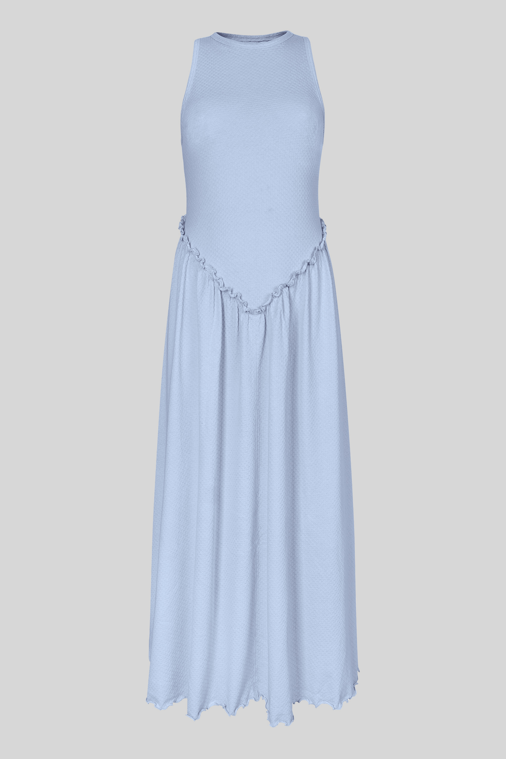 Frills Details-Rounded Neck Sleeveless Jersey Midi Dress