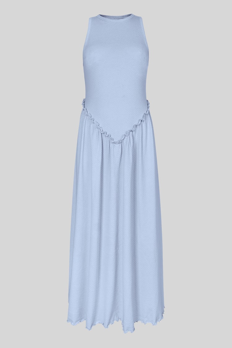 Frills Details-Rounded Neck Sleeveless Jersey Midi Dress