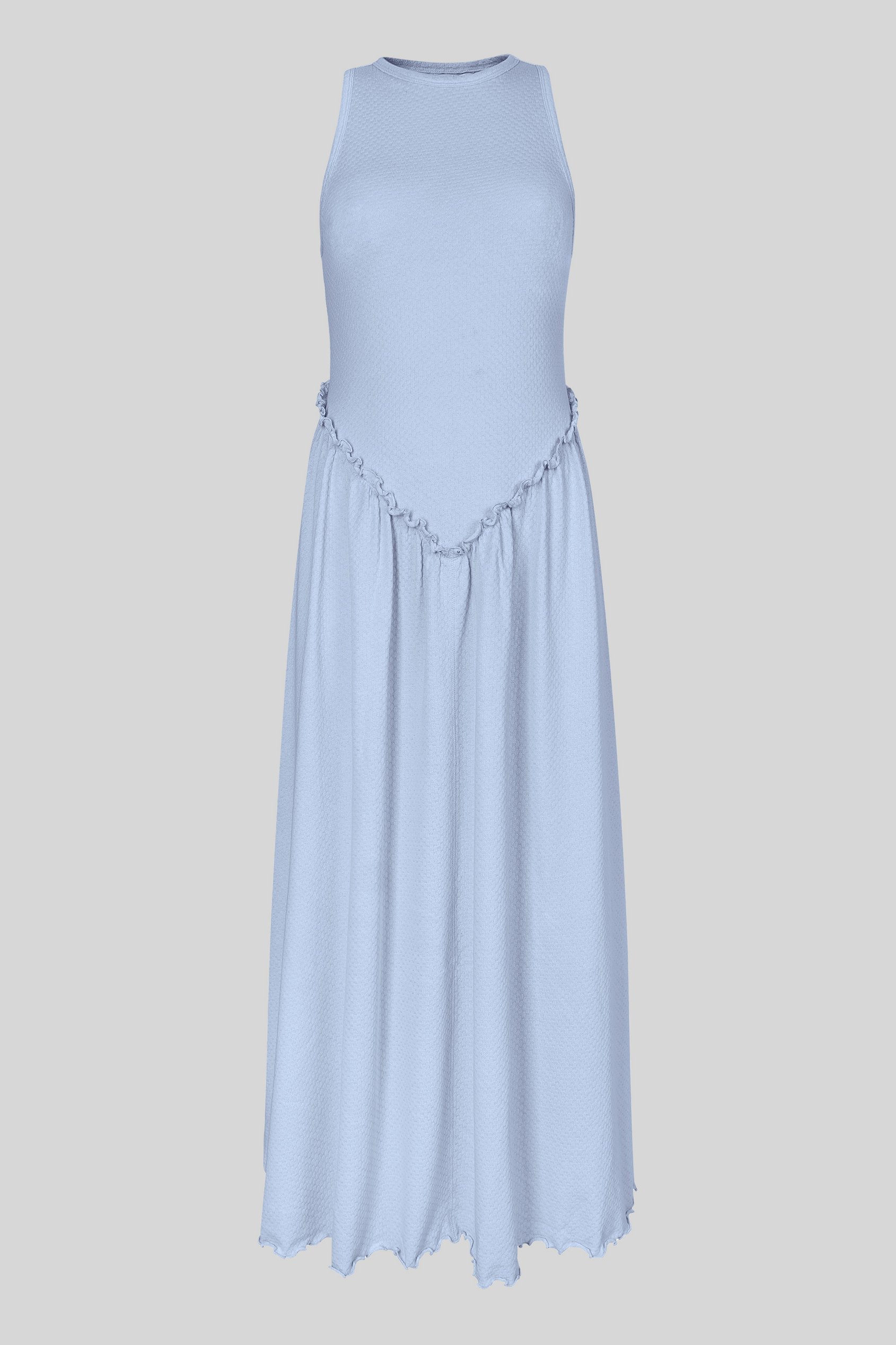 Frills Details-Rounded Neck Sleeveless Jersey Midi Dress