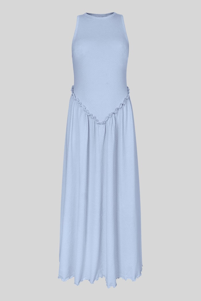 Frills Details-Rounded Neck Sleeveless Jersey Midi Dress