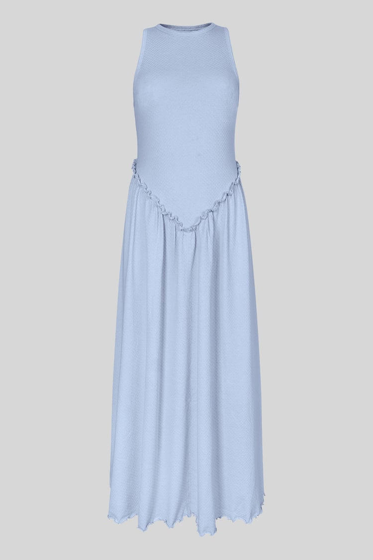 Frills Details-Rounded Neck Sleeveless Jersey Midi Dress