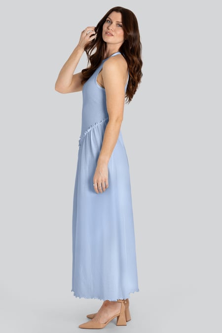 Blue Frills Details-Rounded Neck Sleeveless Jersey Midi Dress