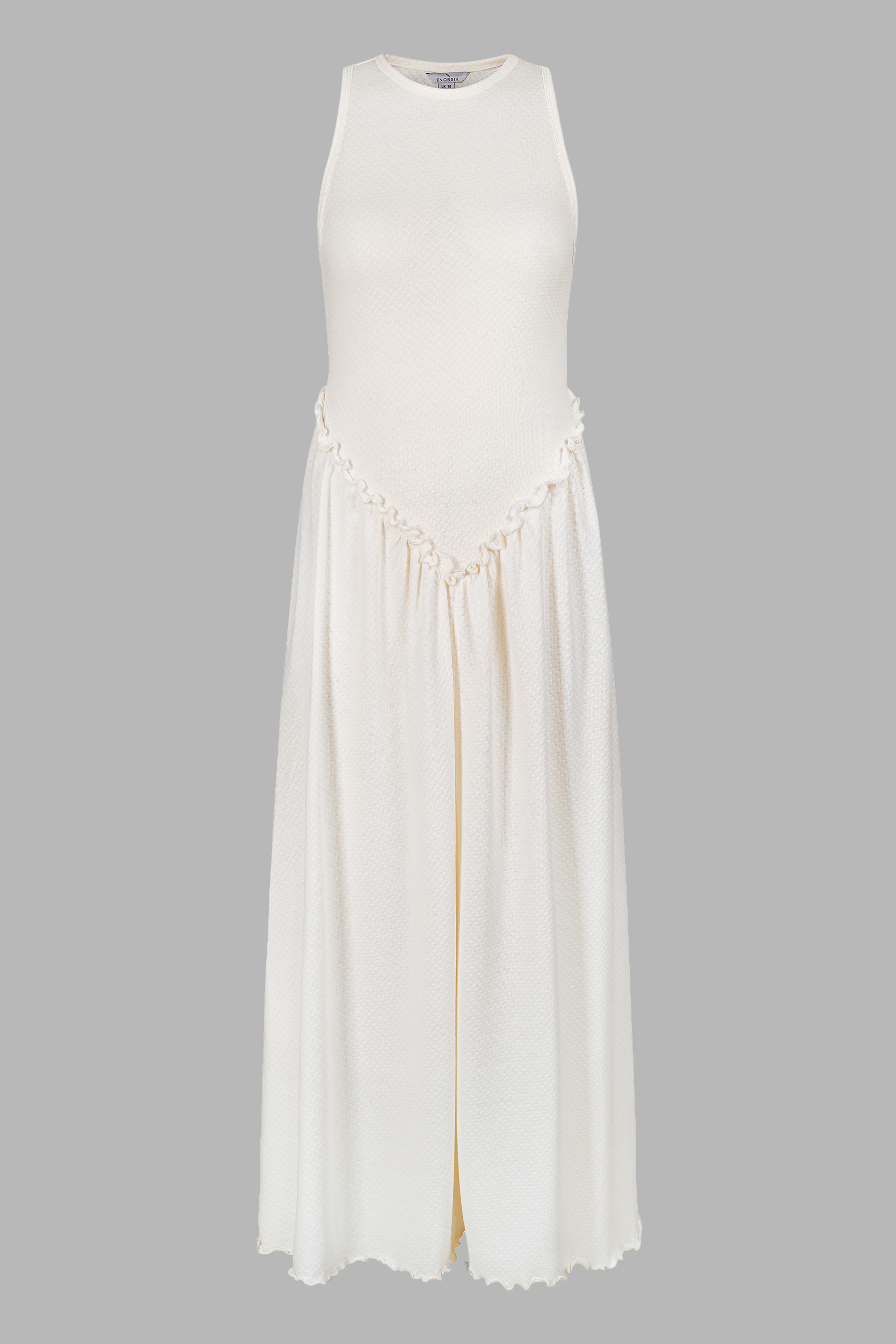 Frills Details-Rounded Neck Sleeveless Jersey Midi Dress