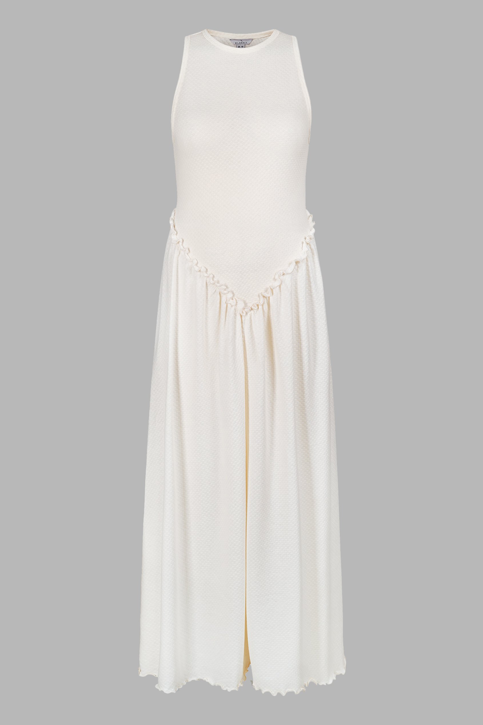 Frills Details-Rounded Neck Sleeveless Jersey Midi Dress