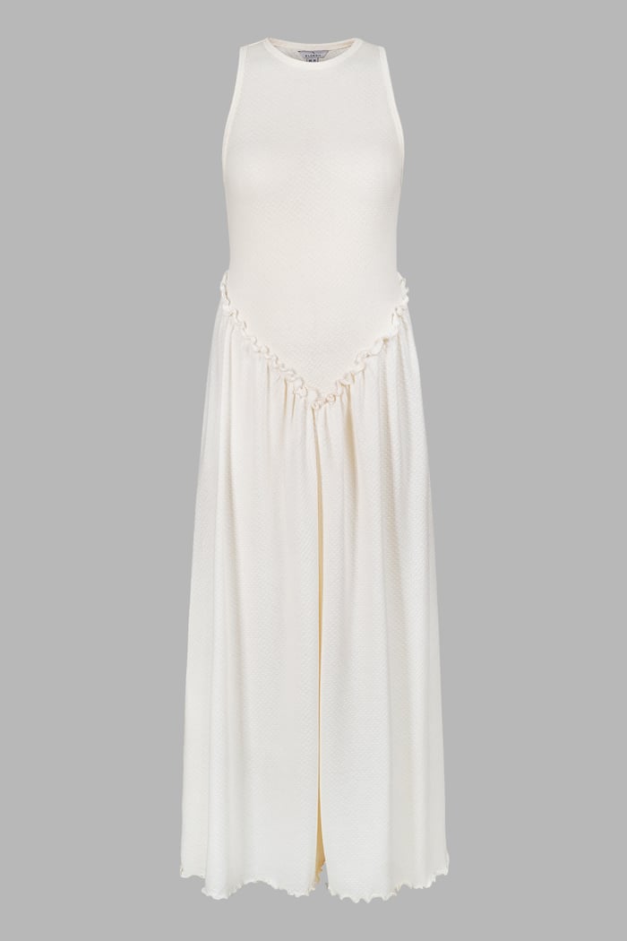 Frills Details-Rounded Neck Sleeveless Jersey Midi Dress