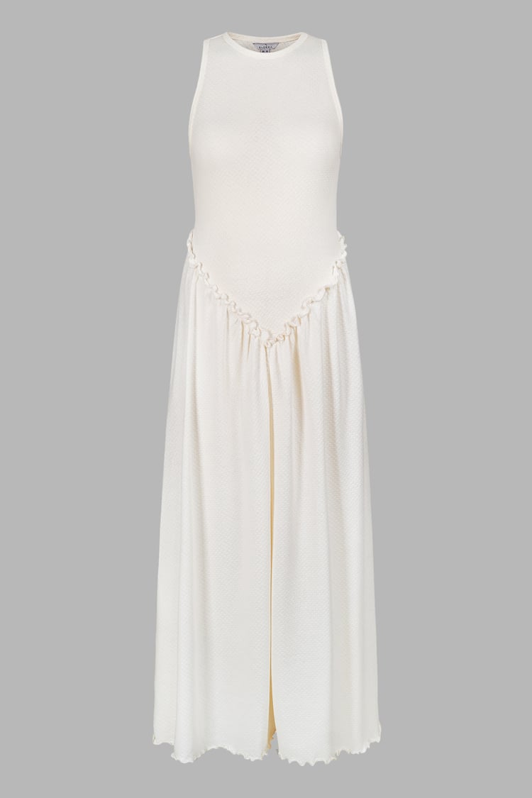 Frills Details-Rounded Neck Sleeveless Jersey Midi Dress