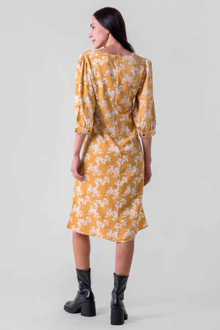 Womens Yellow Printed Square Neck Dress