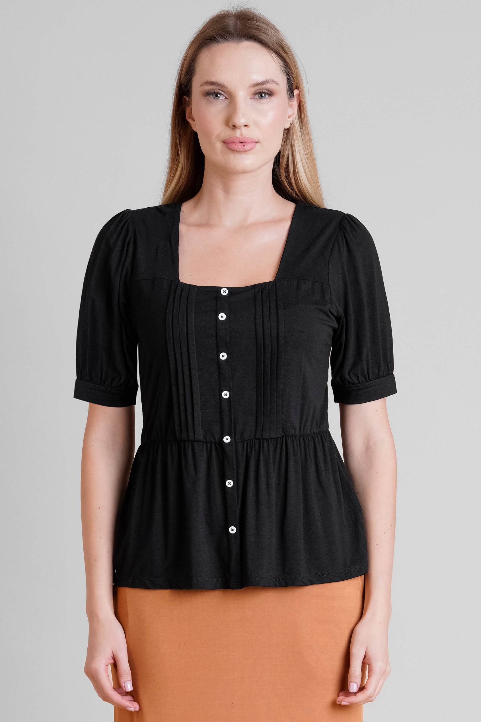 Puff Sleeves Square Neck Jersey Tops