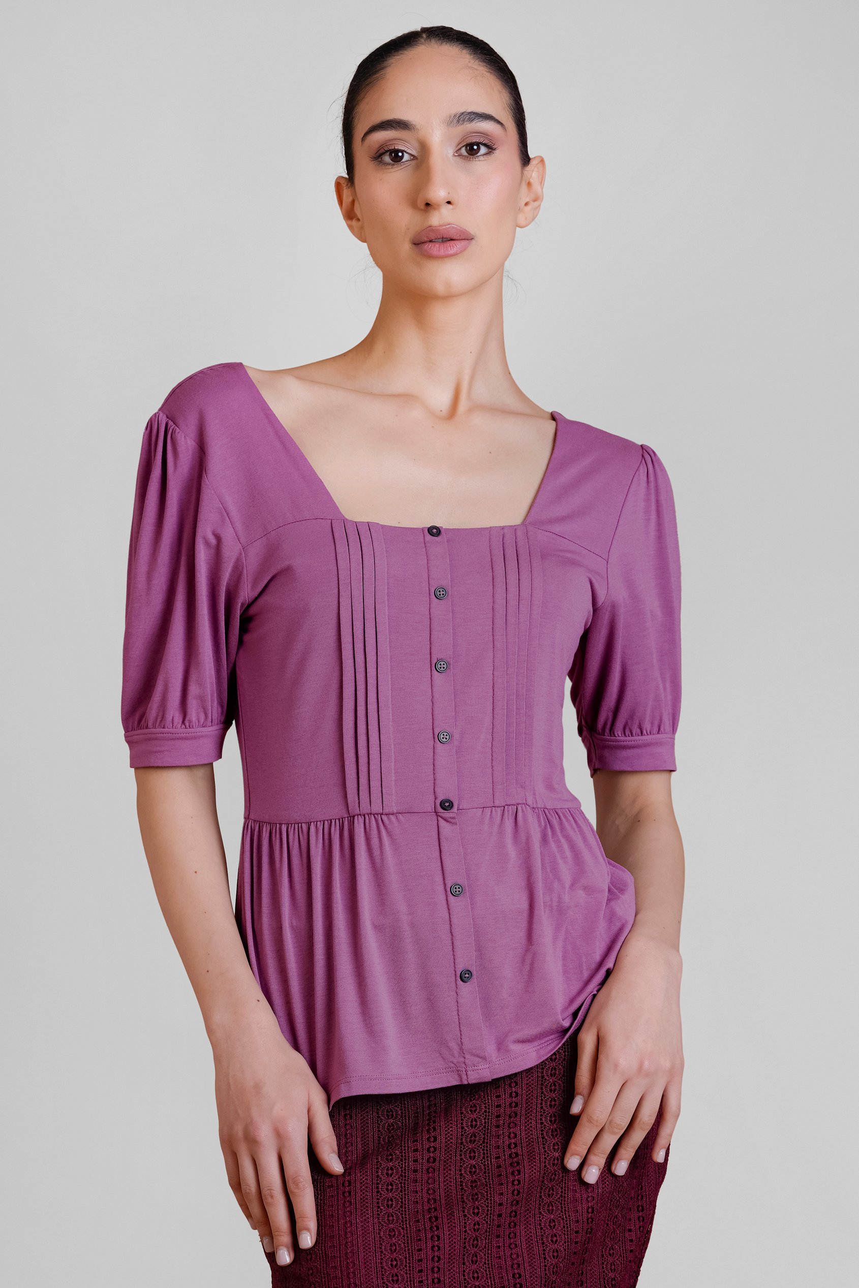 Puff Sleeves Square Neck Jersey Tops