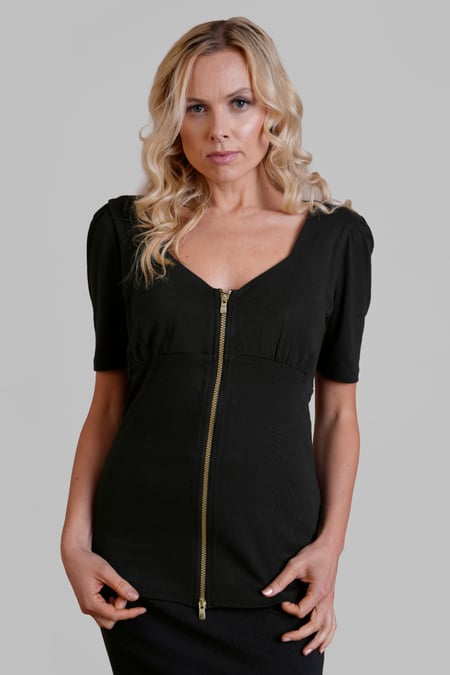 Black Sweetheart Neckline Zip-Front Jersey Top
