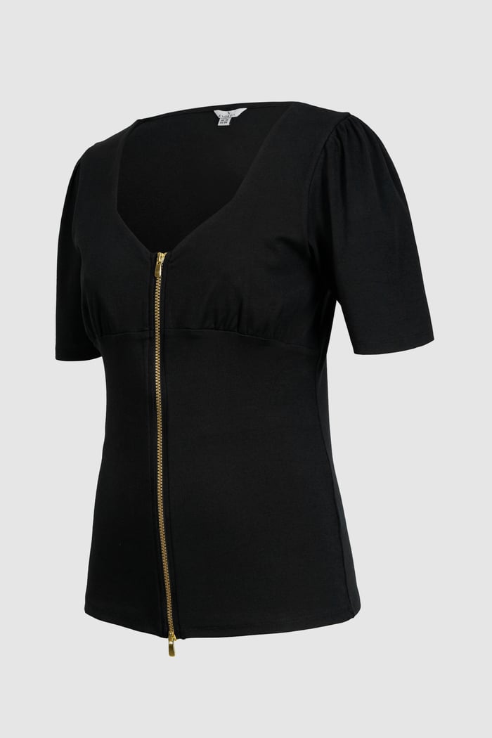 Sweetheart Neckline Zip-Front Jersey Top