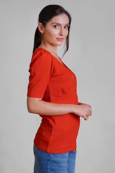 Red Sweetheart Neckline Zip-Front Jersey Top