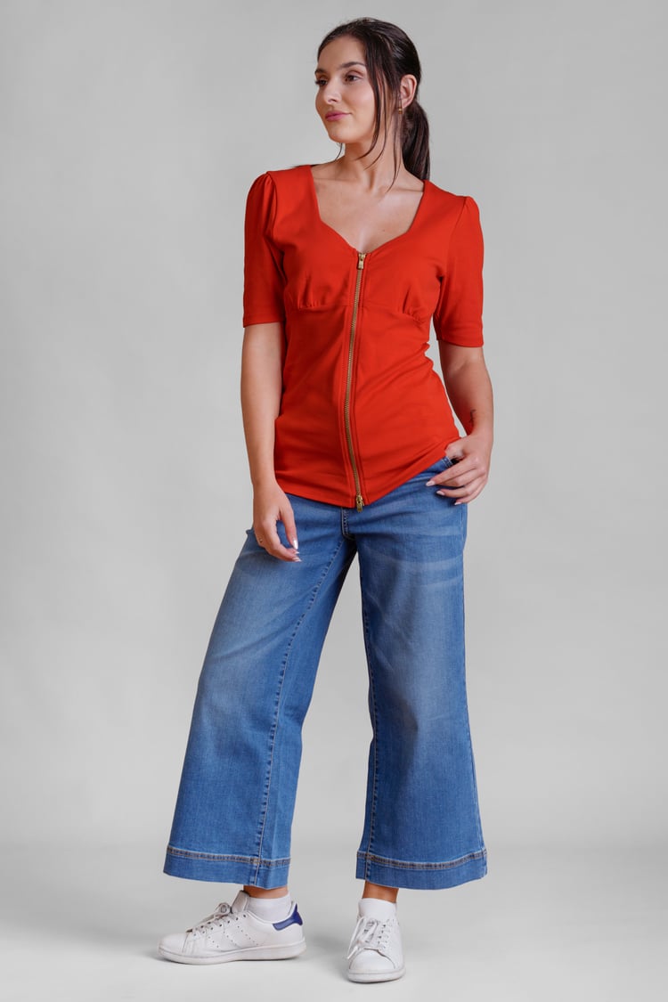 Sweetheart Neckline Zip-Front Jersey Top