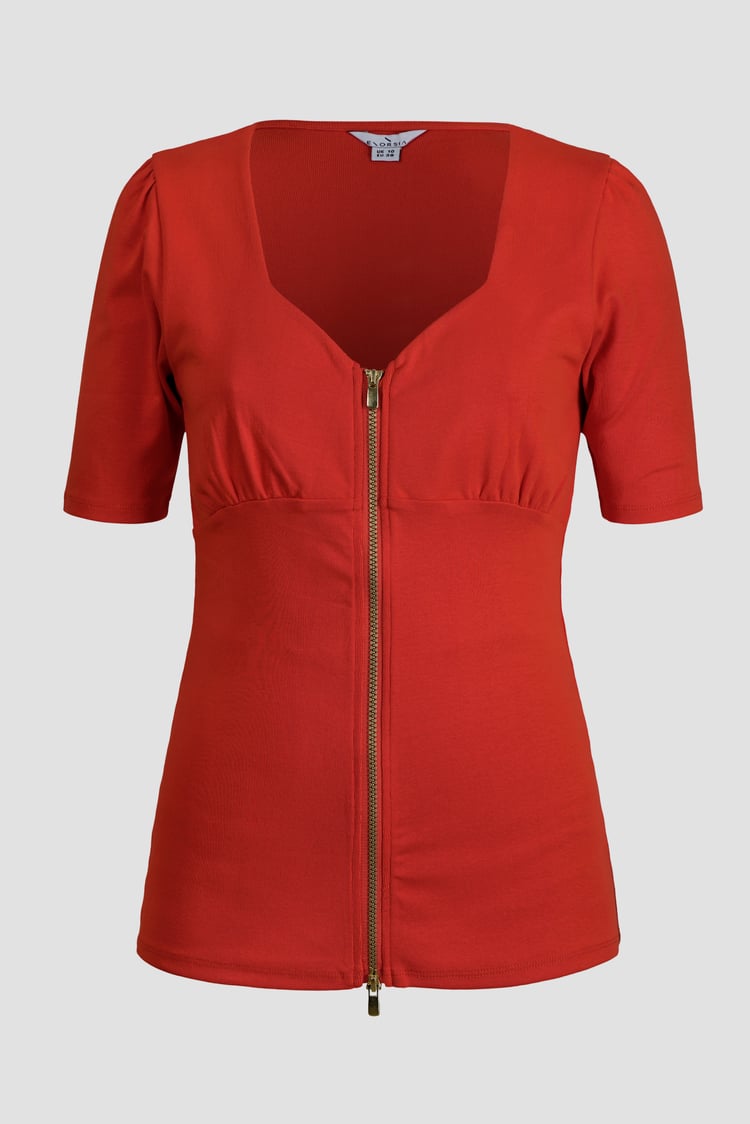 Sweetheart Neckline Zip-Front Jersey Top