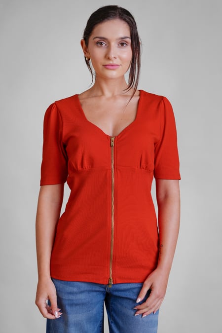 Black Sweetheart Neckline Zip-Front Jersey Top