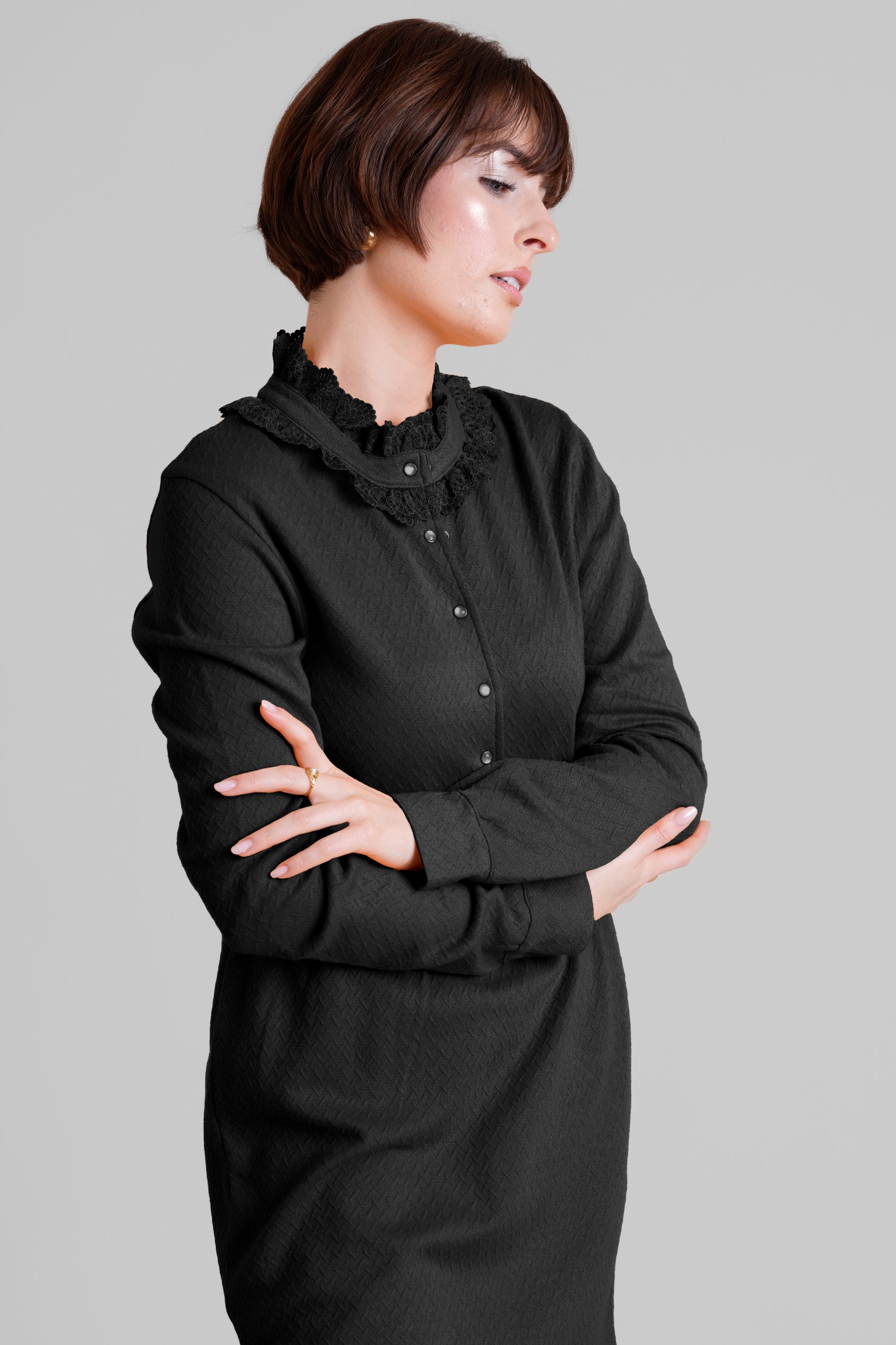 High Neck Lace Trim Mini Dress