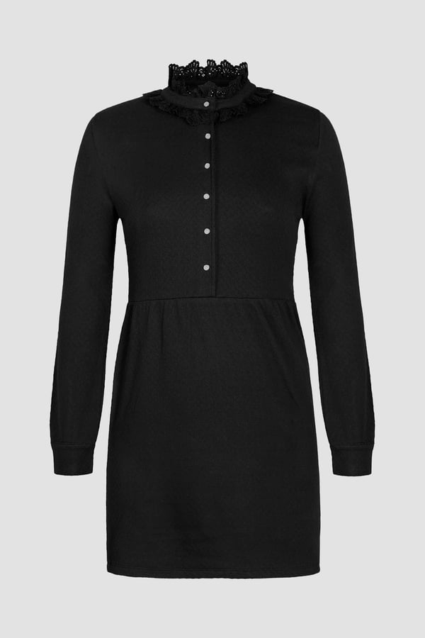 Black High Neck Lace Trim Mini Dress