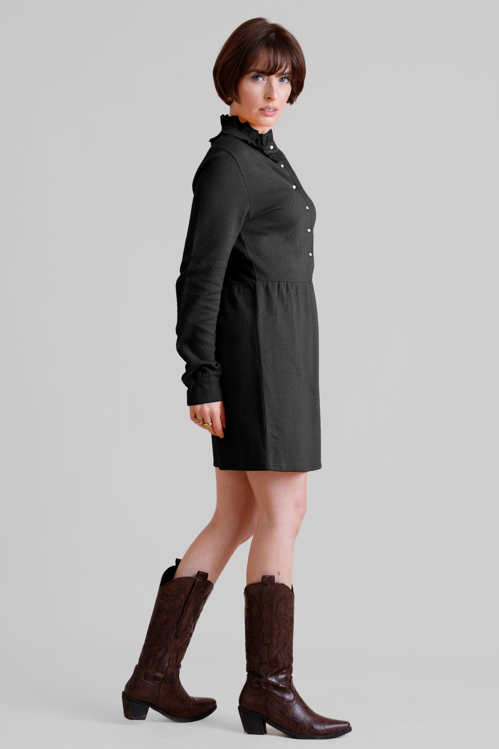 High Neck Lace Trim Mini Dress