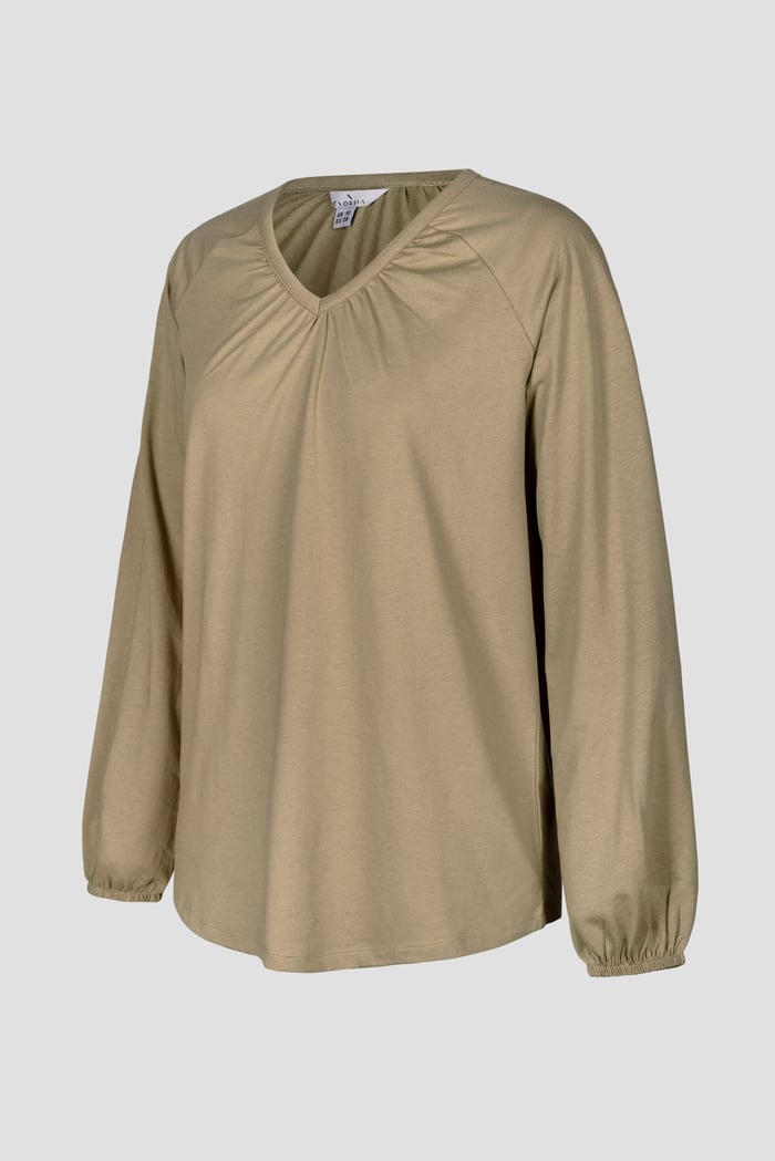 Long Sleeve Gathered V-Neck Tops
