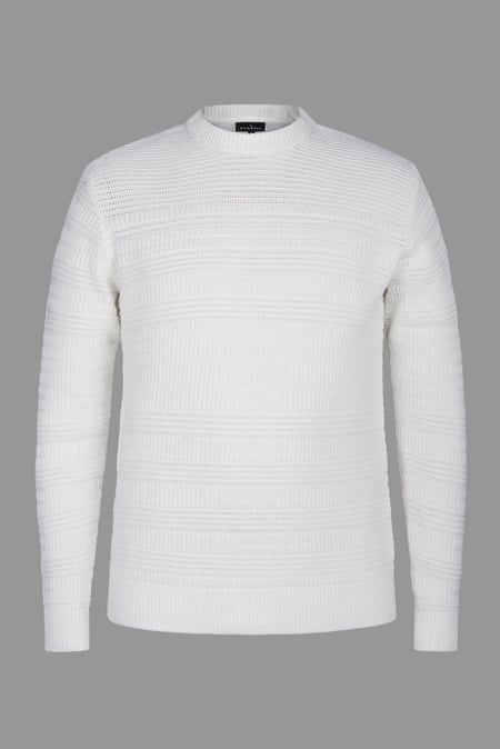 White Cotton Textured Crew Neck Jumper