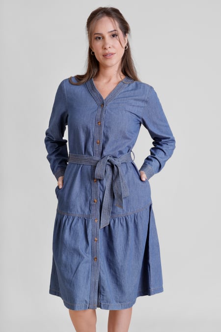 Womens Light Blue Denim Tiered Midi Dress