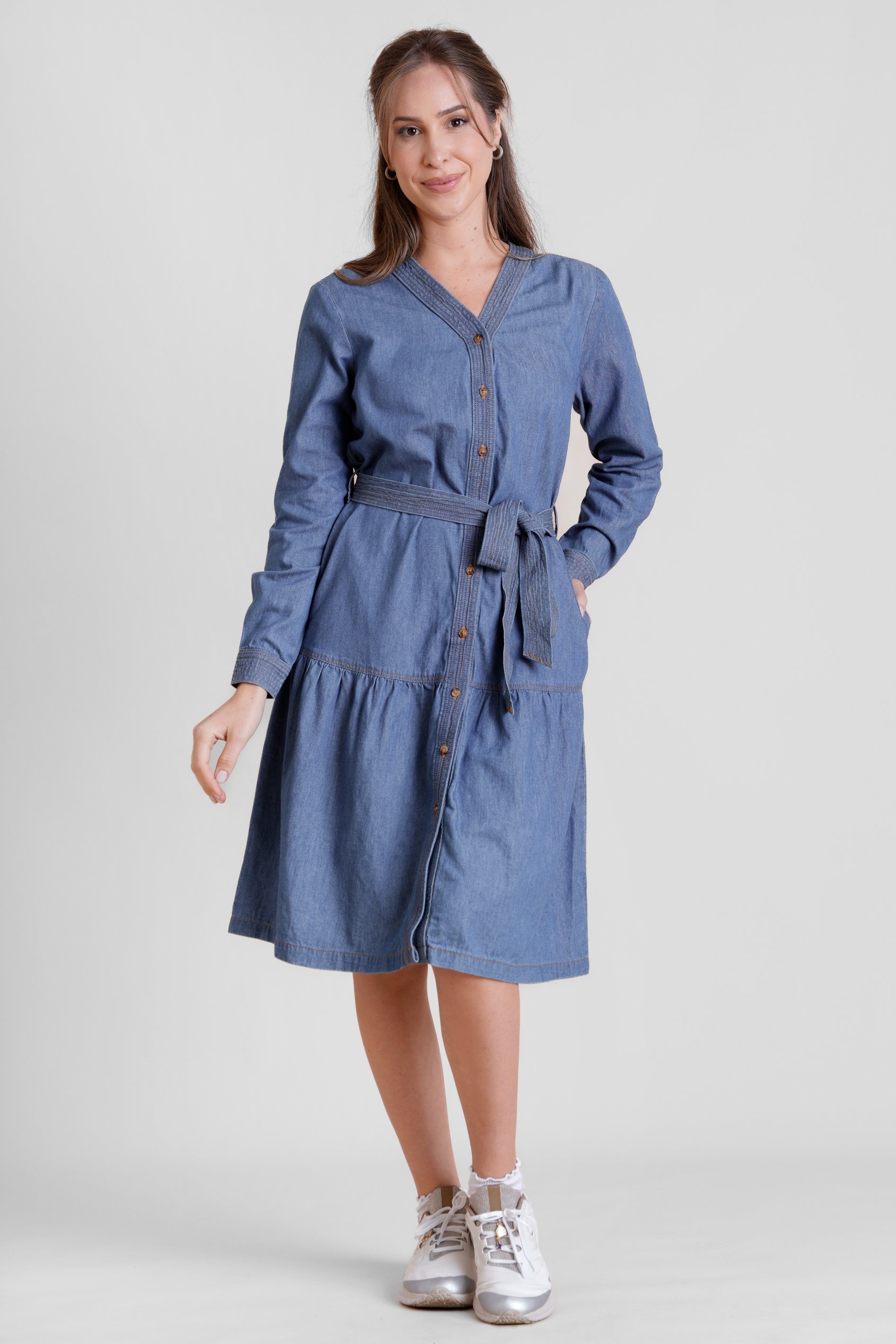 Womens Denim Tiered Midi Dress