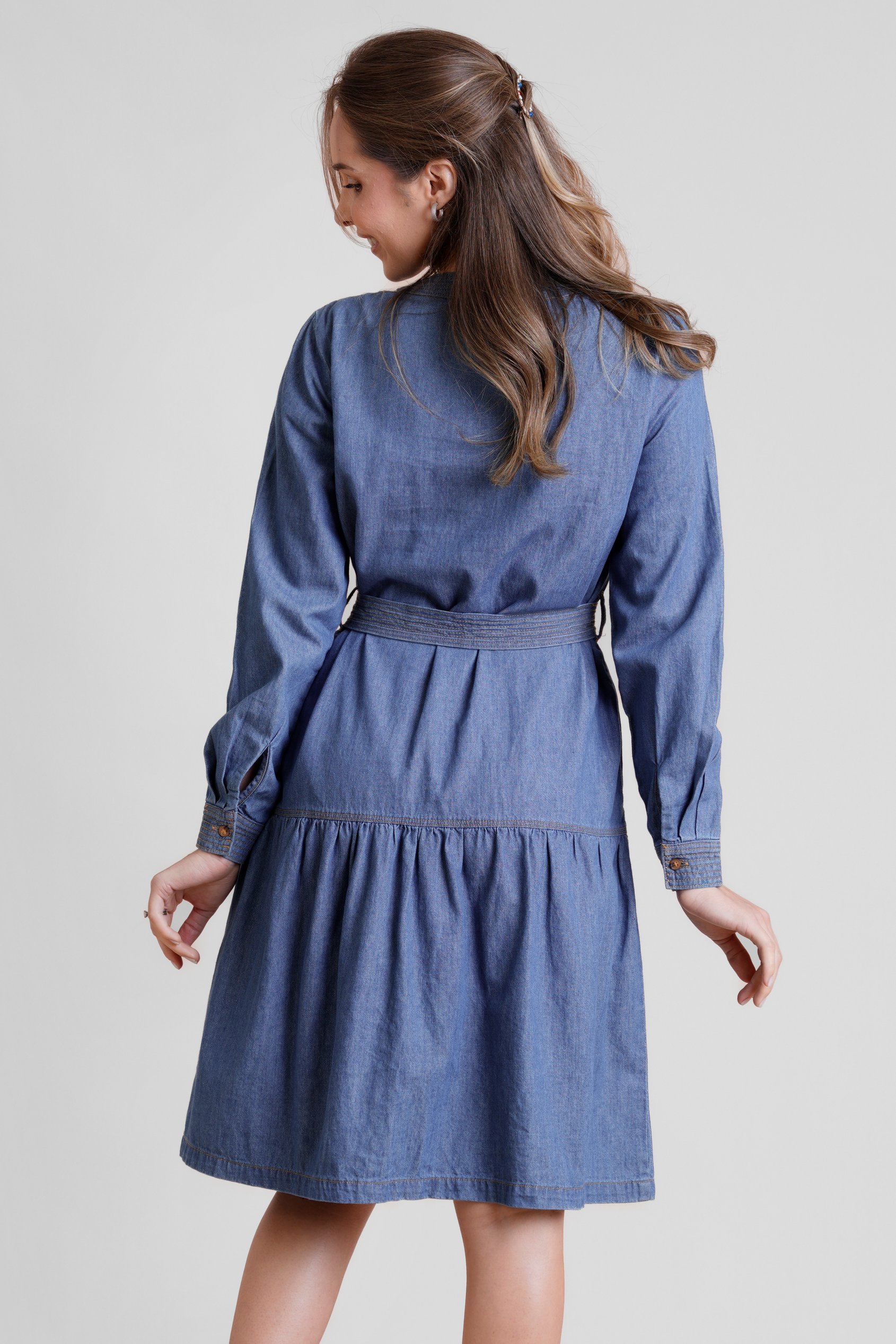 Womens Denim Tiered Midi Dress