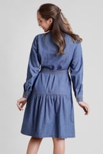 Womens Denim Tiered Midi Dress
