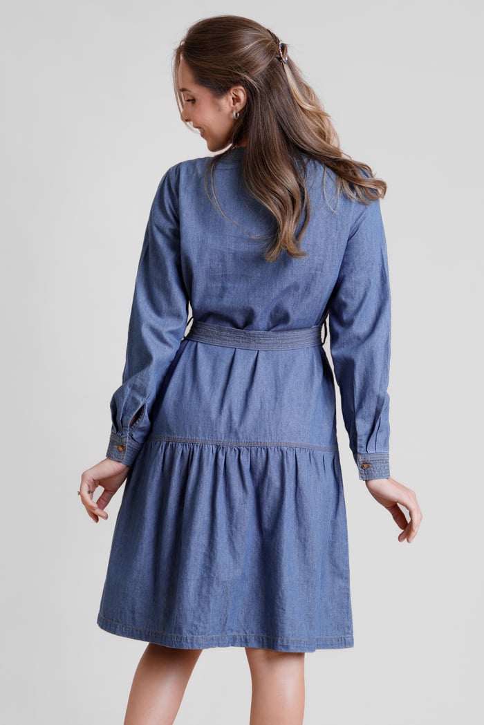 Womens Denim Tiered Midi Dress