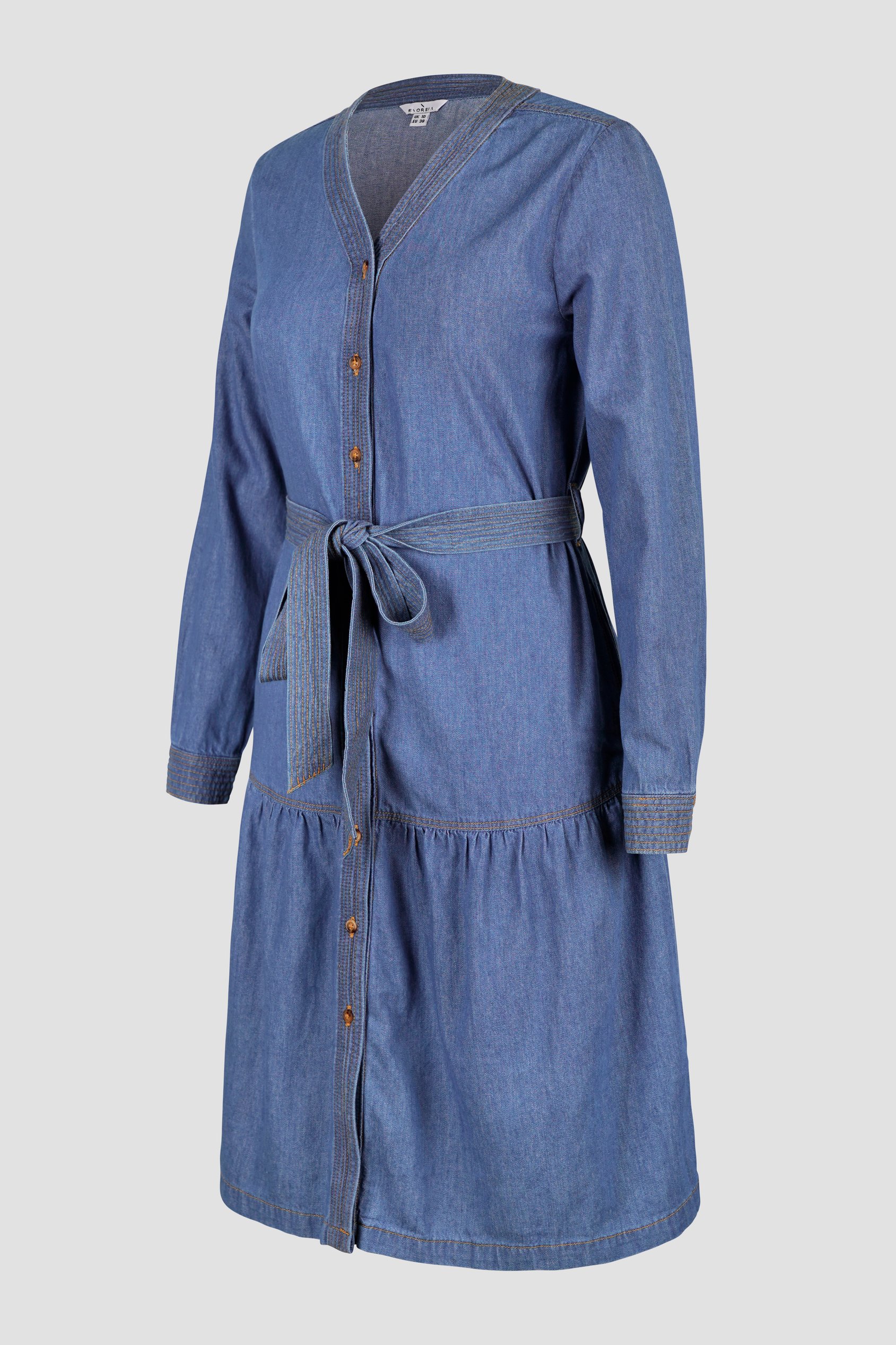 Womens Denim Tiered Midi Dress