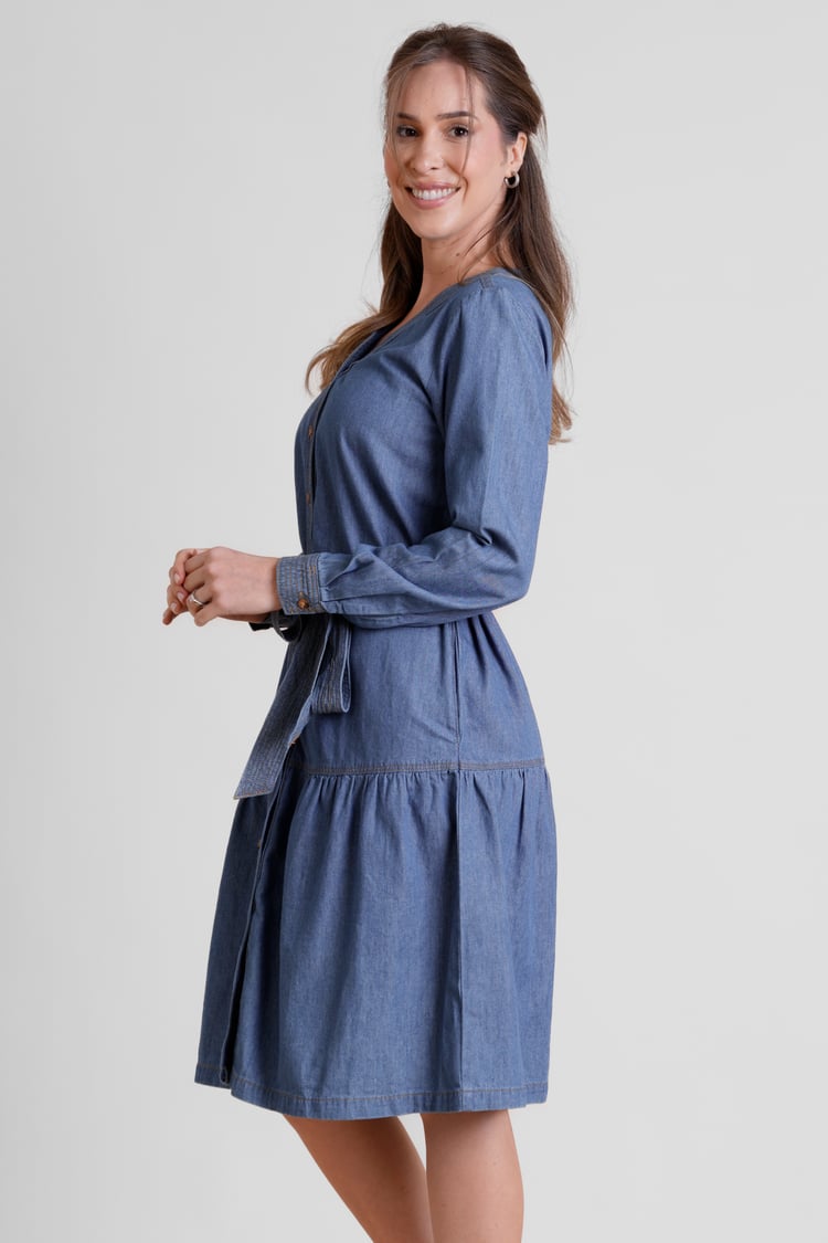 Womens Denim Tiered Midi Dress
