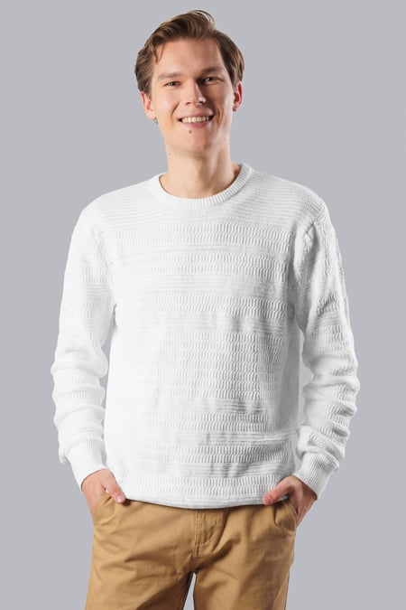 White Cotton Textured Crew Neck Jumper
