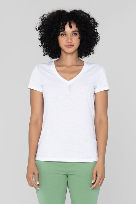 White V-Neck Short Sleeve Slub T-Shirt