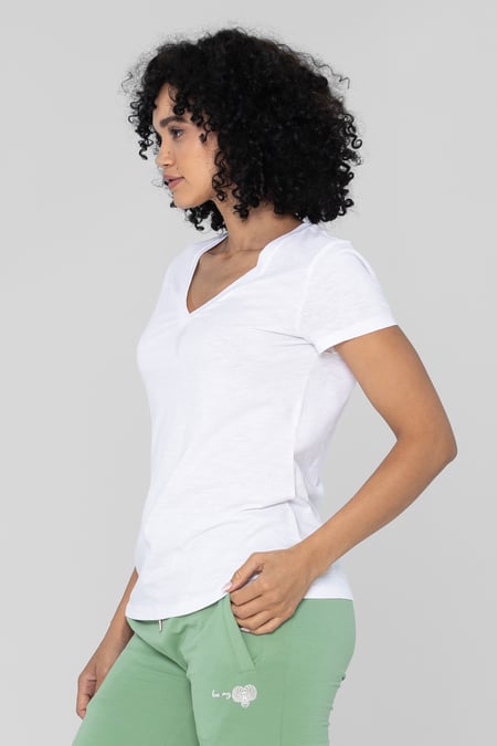 White V-Neck Short Sleeve Slub T-Shirt