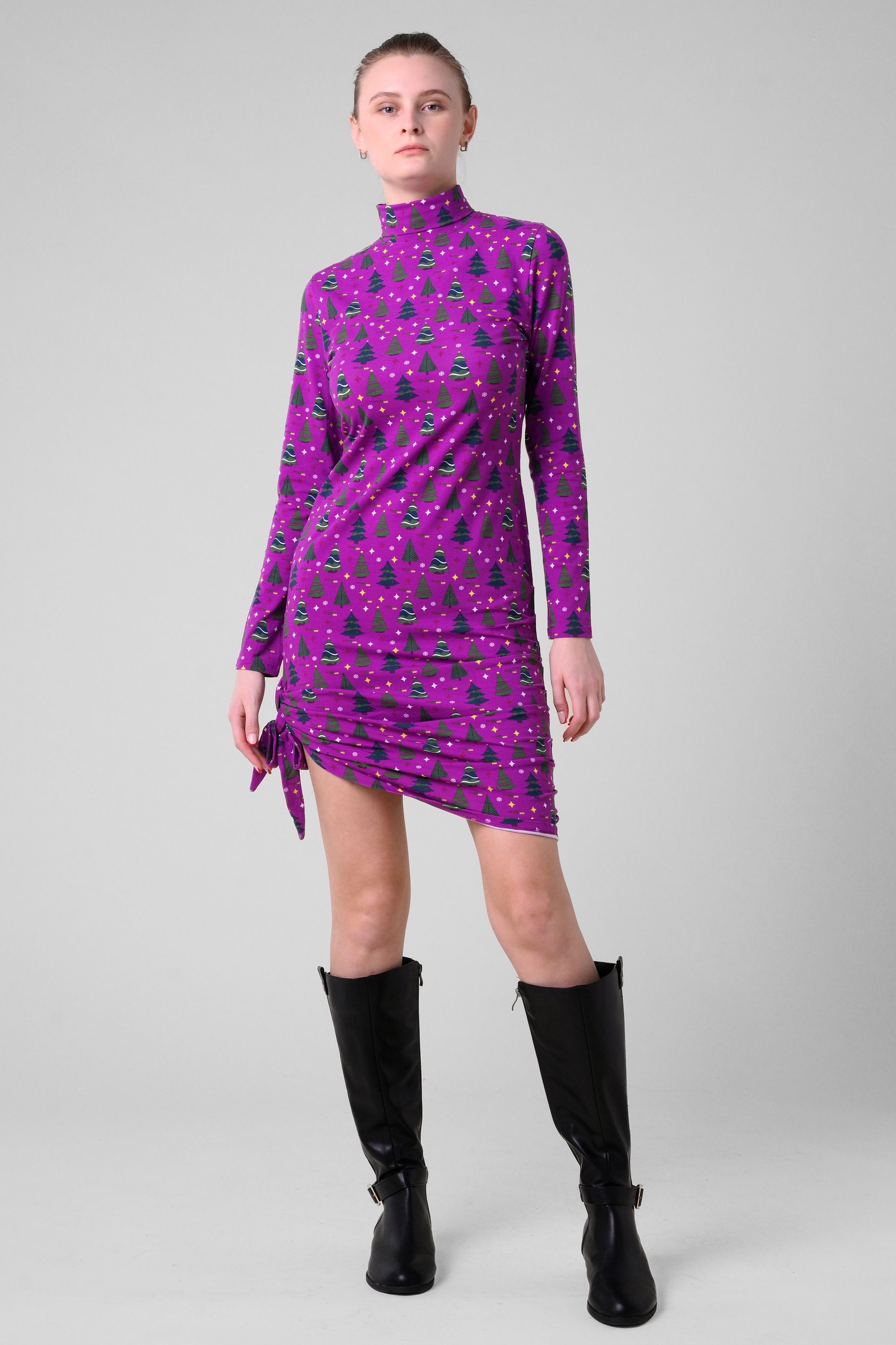 Side Tie Knot Christmas Print Bodycon Dress