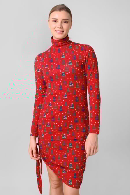 Pink Side Tie Knot Christmas Print Bodycon Dress