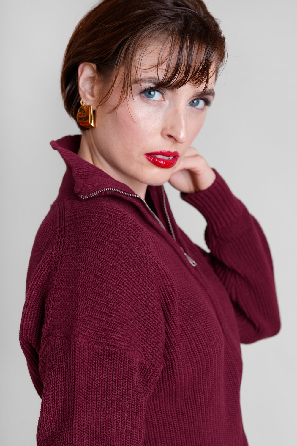Burgundy Funnel Neck Two Way Zip Up Jumper