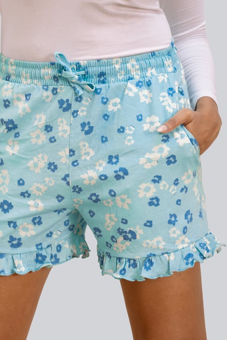 Womens Blue Ruffle Hem Printed Shorts