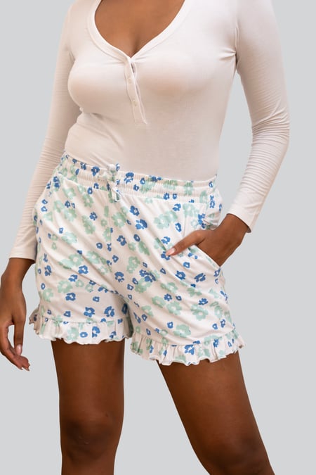 Womens Blue Ruffle Hem Printed Shorts