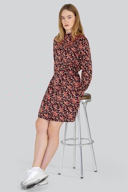 Black Red/Black Floral High Neck Viscose Mini Dress