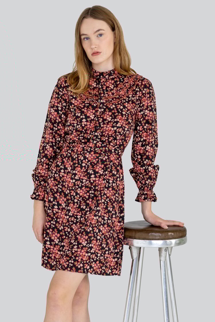 Red/Black Floral High Neck Viscose Mini Dress