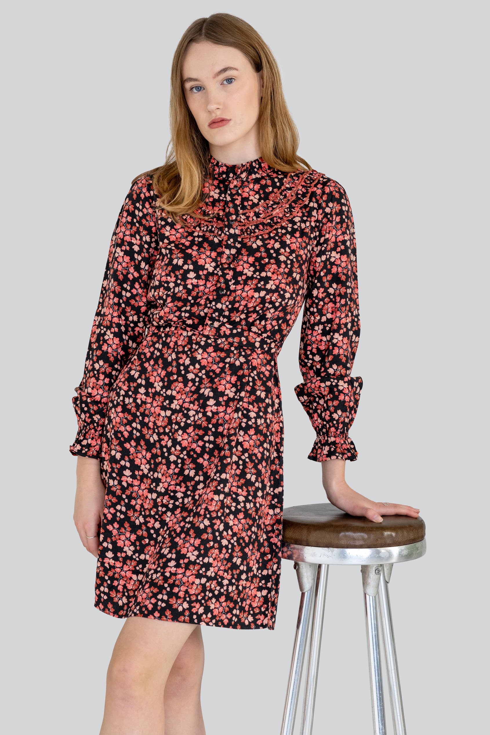 Red/Black Floral High Neck Viscose Mini Dress